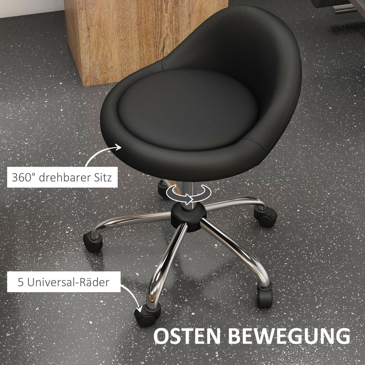 ROLLHOCKER, Höhenverstellbarer, Schwarz - Schwarz, Leder (35/83/35cm) - HOMCOM