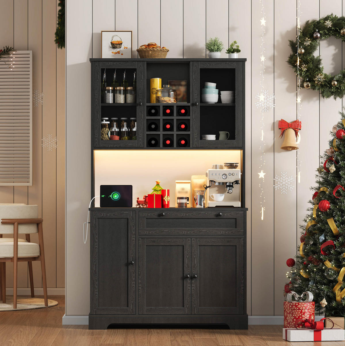 BUFFETSCHRANK 105/40/180 cm aus MDF mit LED-Beleuchtung, Steckdose, Weinregal und verstellbaren Böden, Schwarz - Schwarz, Holzwerkstoff (105/180/40cm) - Redom