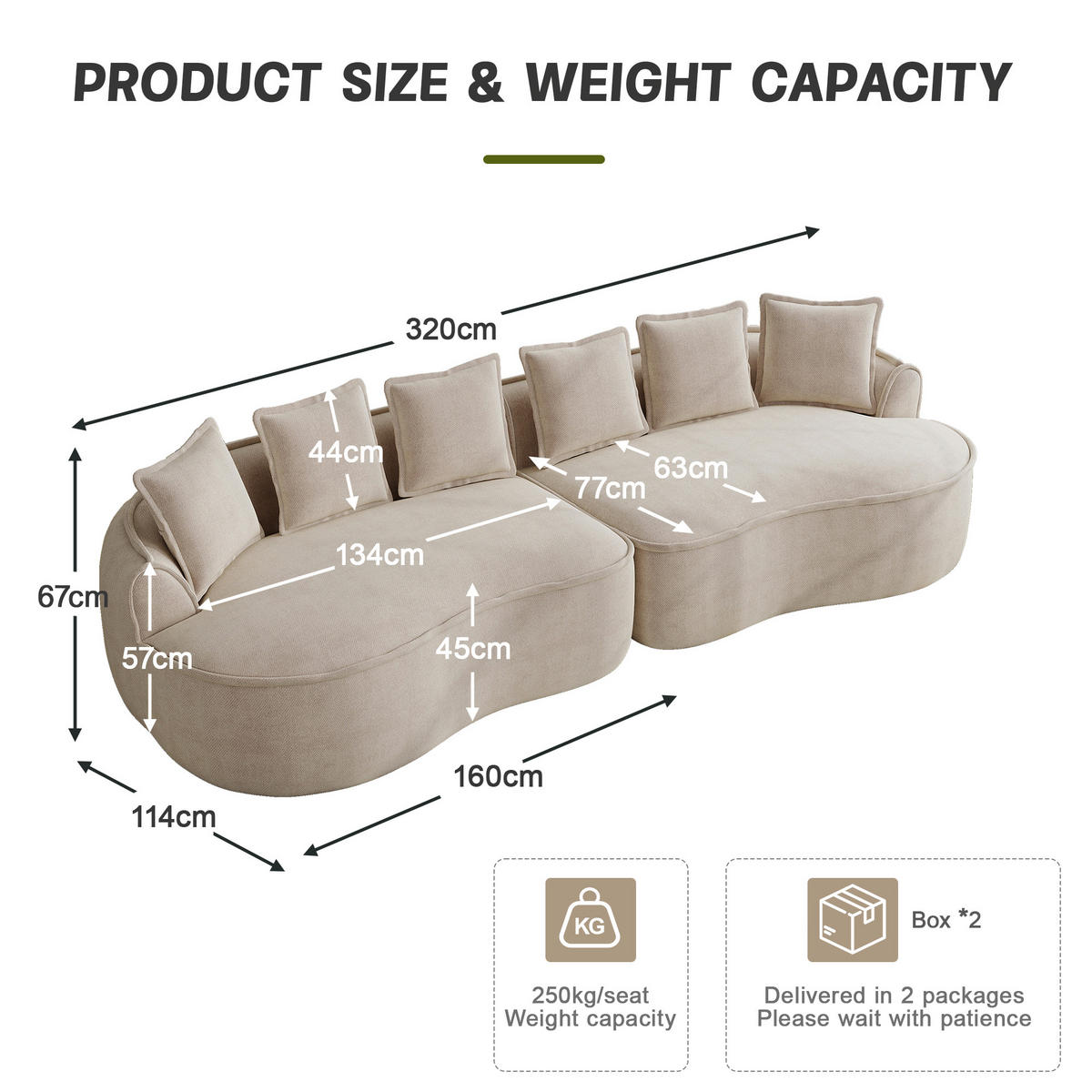 4-SITZER Sofa 320x114x67 cm aus Chenille-Stoff rahmenlos ohne Montage, hellbraun - Hellbraun, Textil (114/67/320cm)
