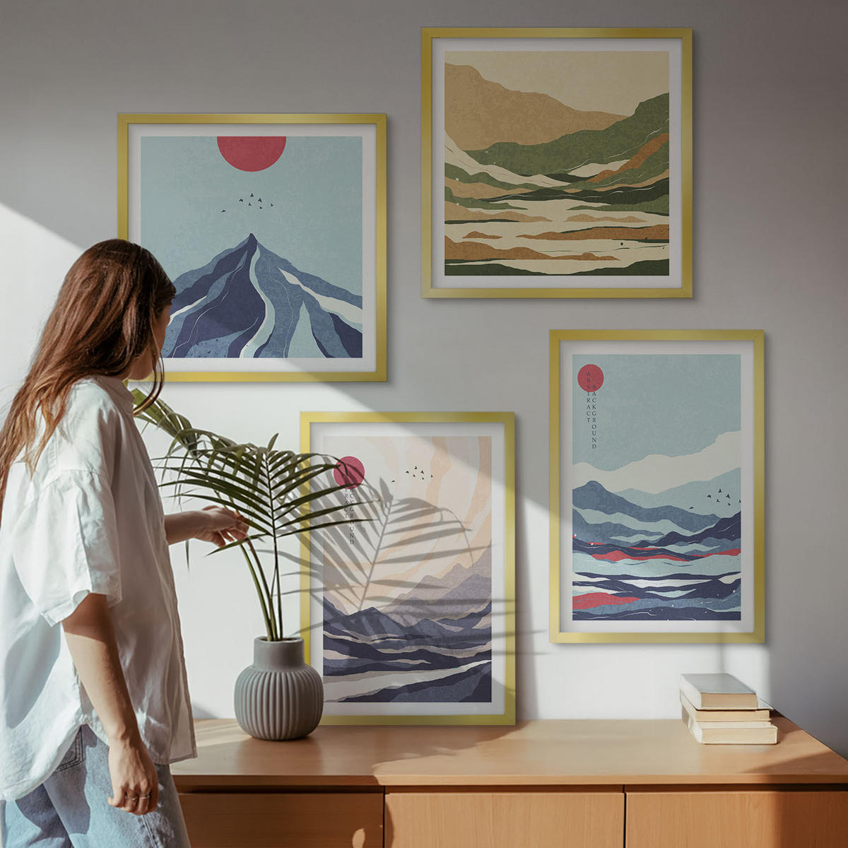 WANDBILDER 4er Set - 50x50 cm & 40x60 cm Goldrahmen - Abstrakte Berglandschaften - Goldfarben, Kunststoff (50/50cm) - ArtPrintCave