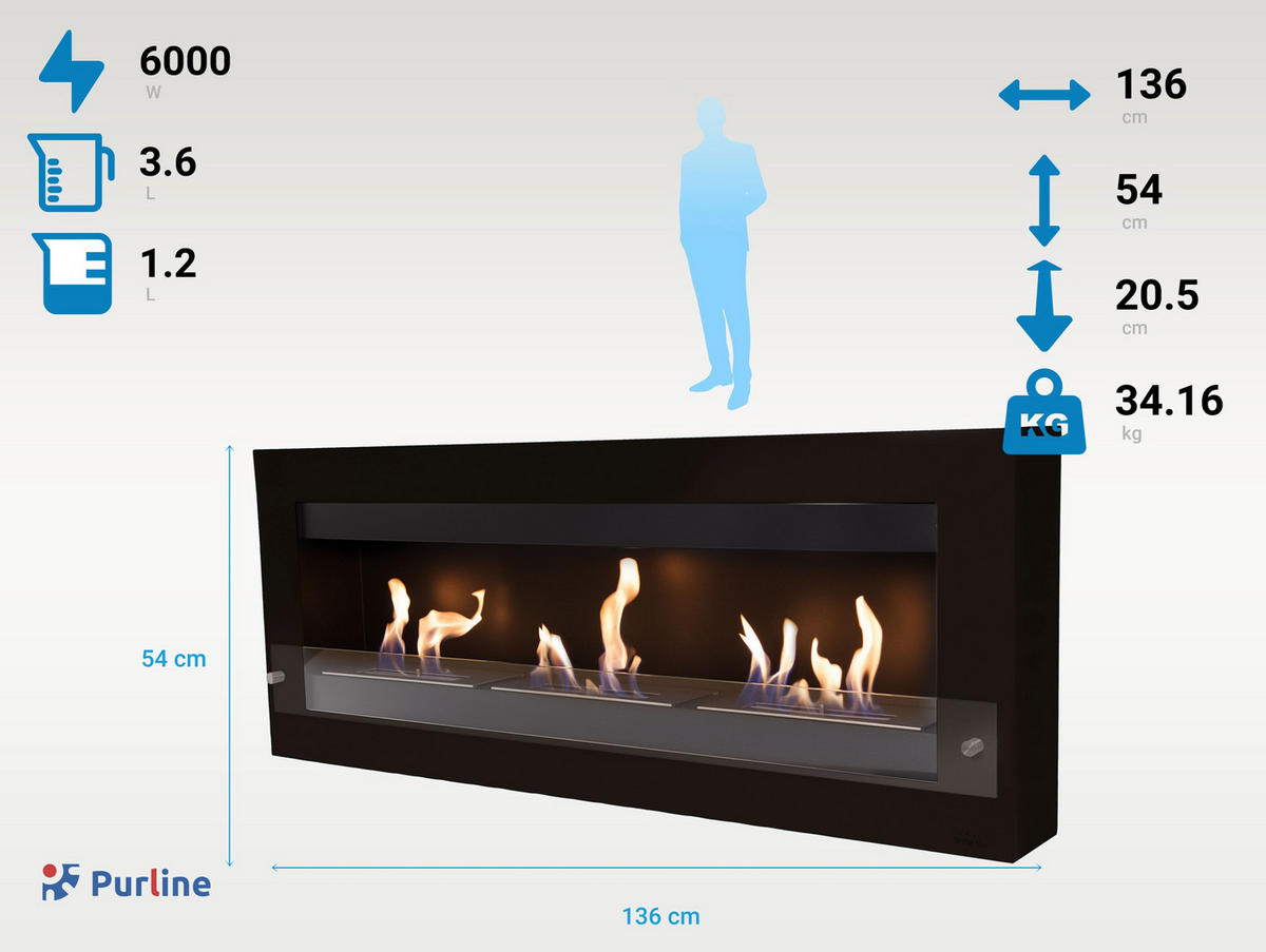 BIOETHANOL-KAMIN Schwarz Wandmodell inklusive 3.6 L Brennblock - Schwarz, Metall (136/54/21cm) - Purline