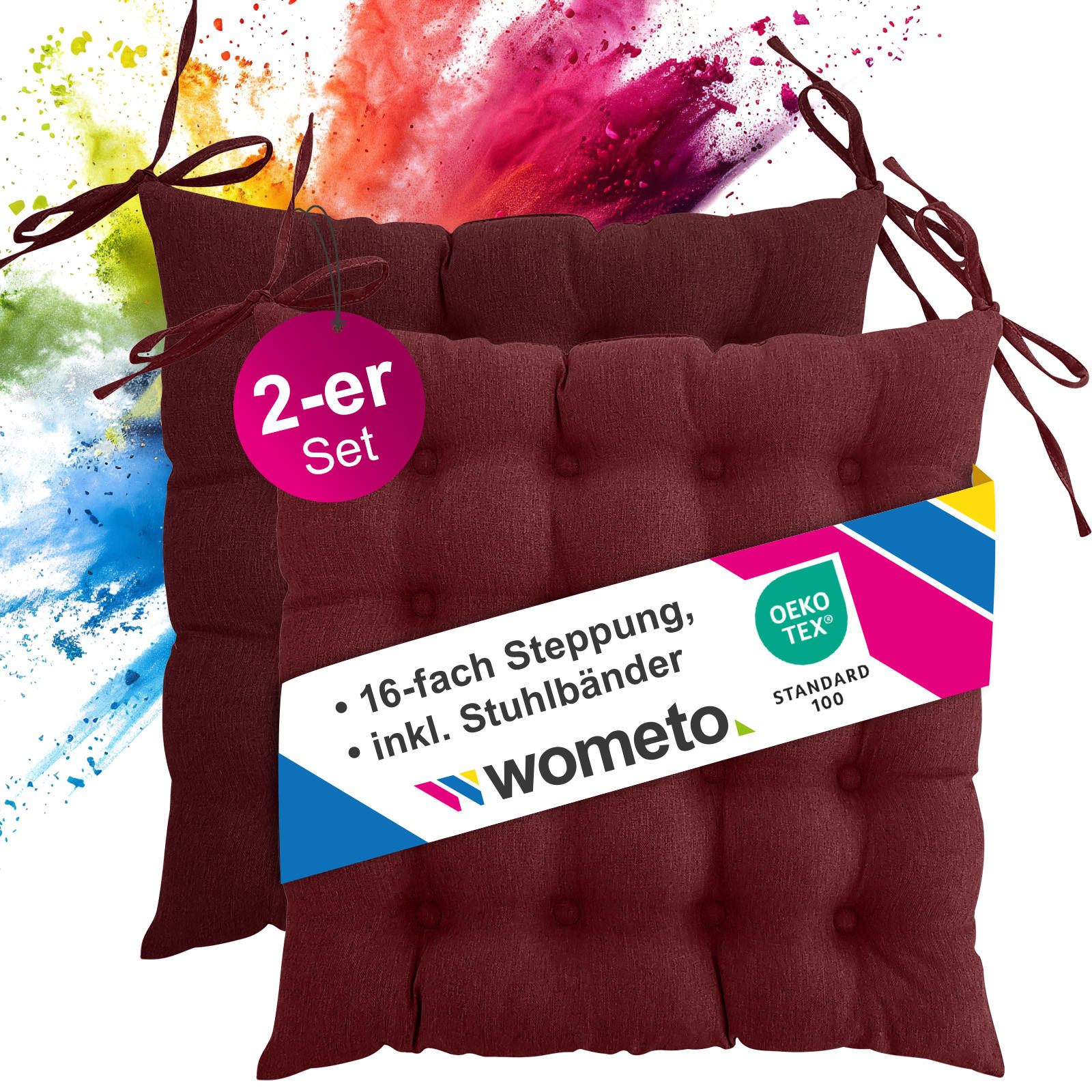 SITZKISSEN 2er Set 16-Punkt dunkelrot 40/40 cm mit Steppung und Halte-Bändern - Rot, Textil (40/40/4cm) - wometo
