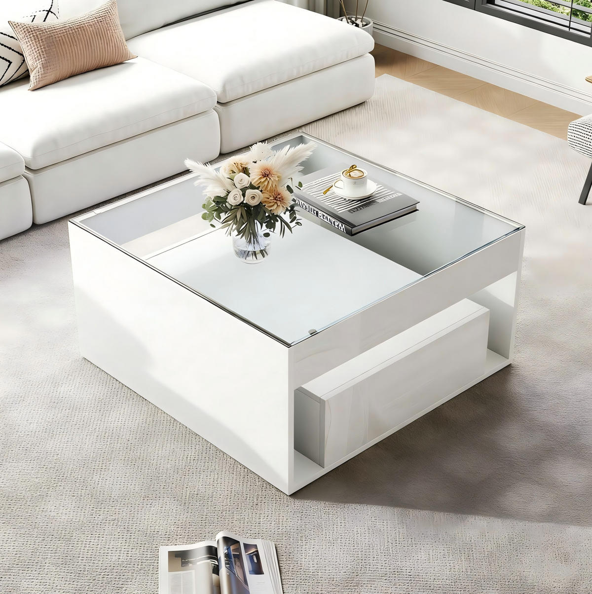 COUCHTISCH 70/70/35 cm in Weiß mit LED-Beleuchtung und 2 Schubladen - Weiß, Holzwerkstoff (70/70/35cm) - Flora Grace