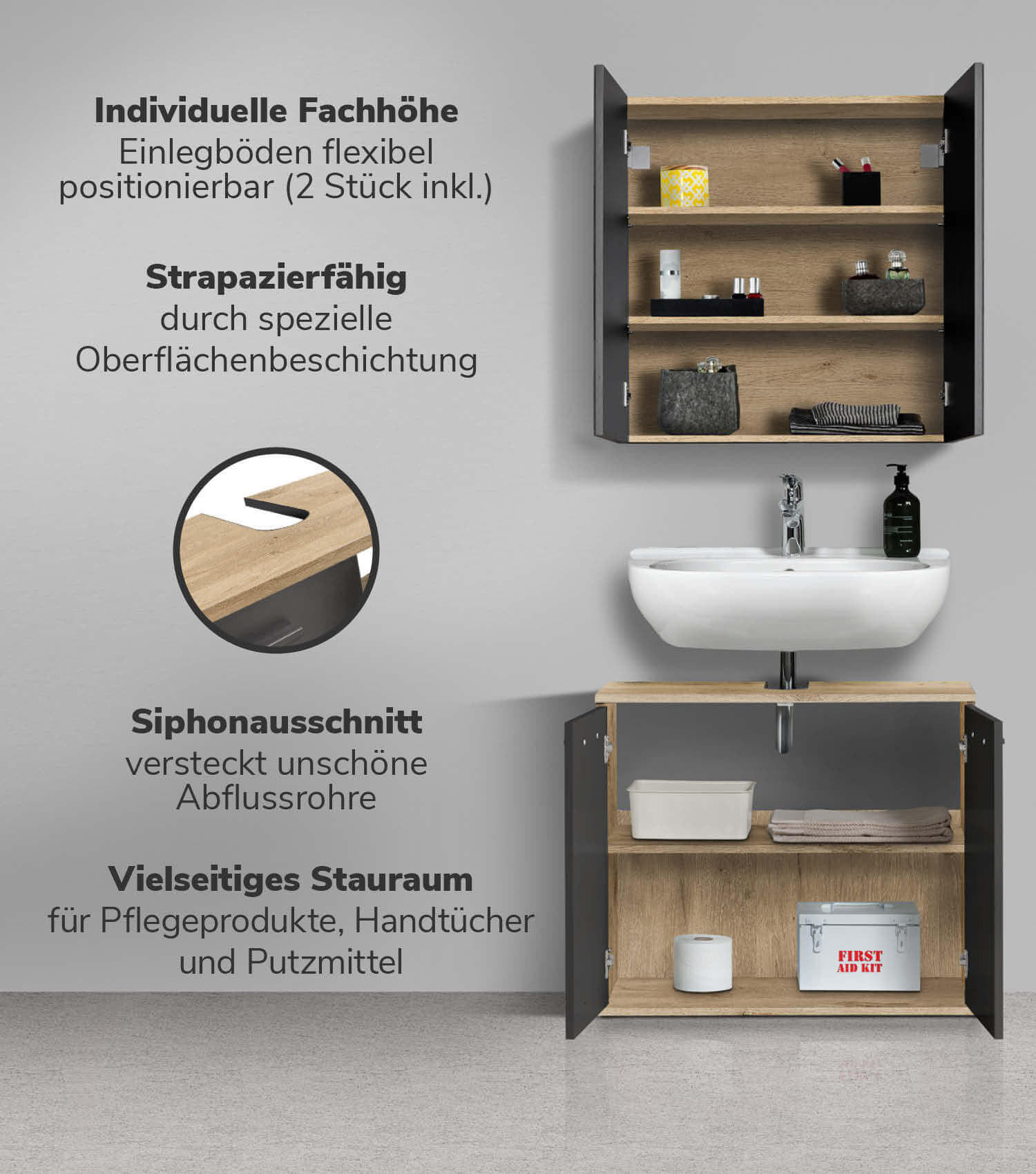 BADMÖBEL-SET 2-teilig Der Steuermann - Anthrazit, Holzwerkstoff (70/131/34cm) - Mokebo