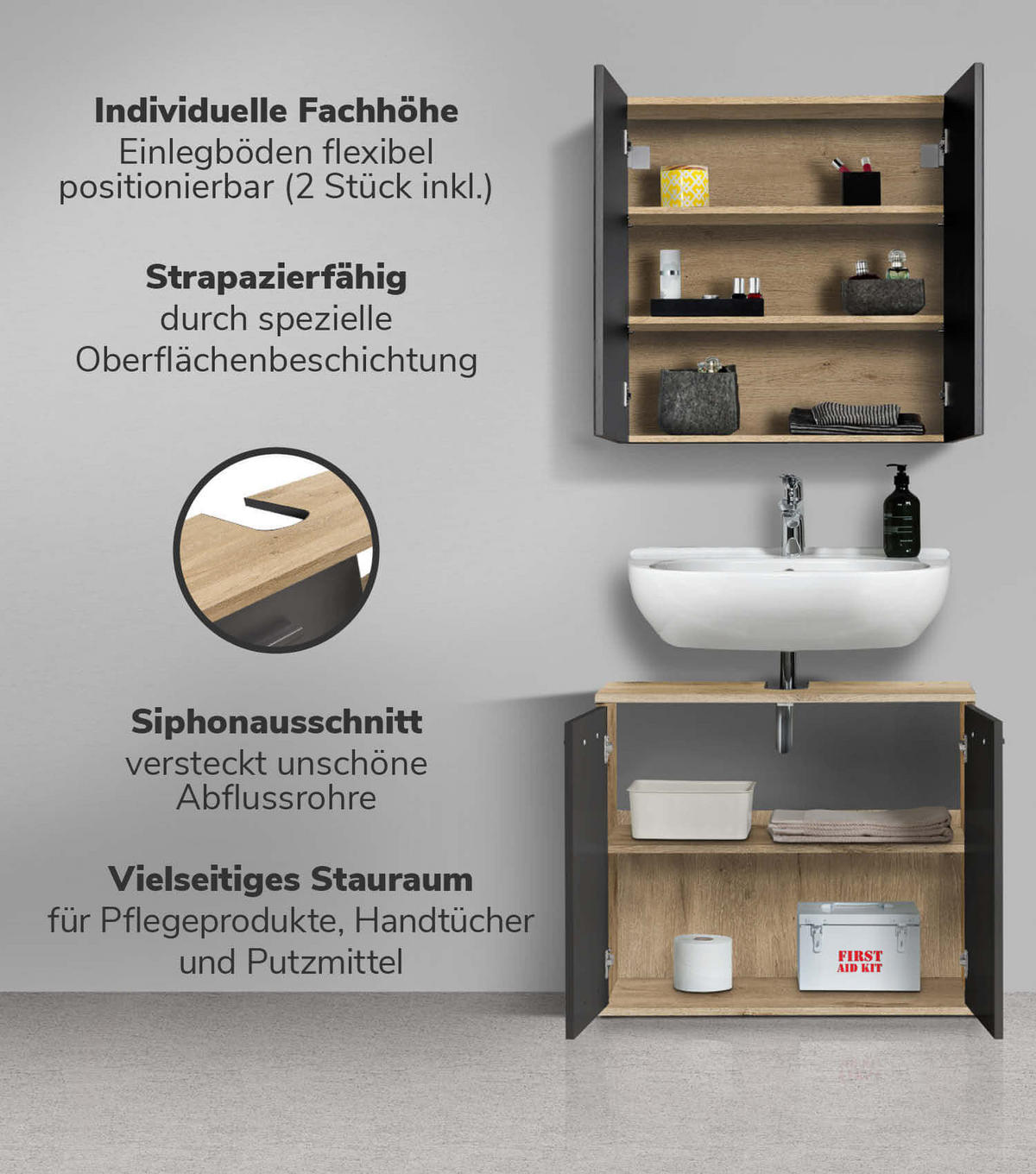 BADMÖBEL-SET 2-teilig Der Steuermann - Anthrazit, Holzwerkstoff (70/131/34cm) - Mokebo