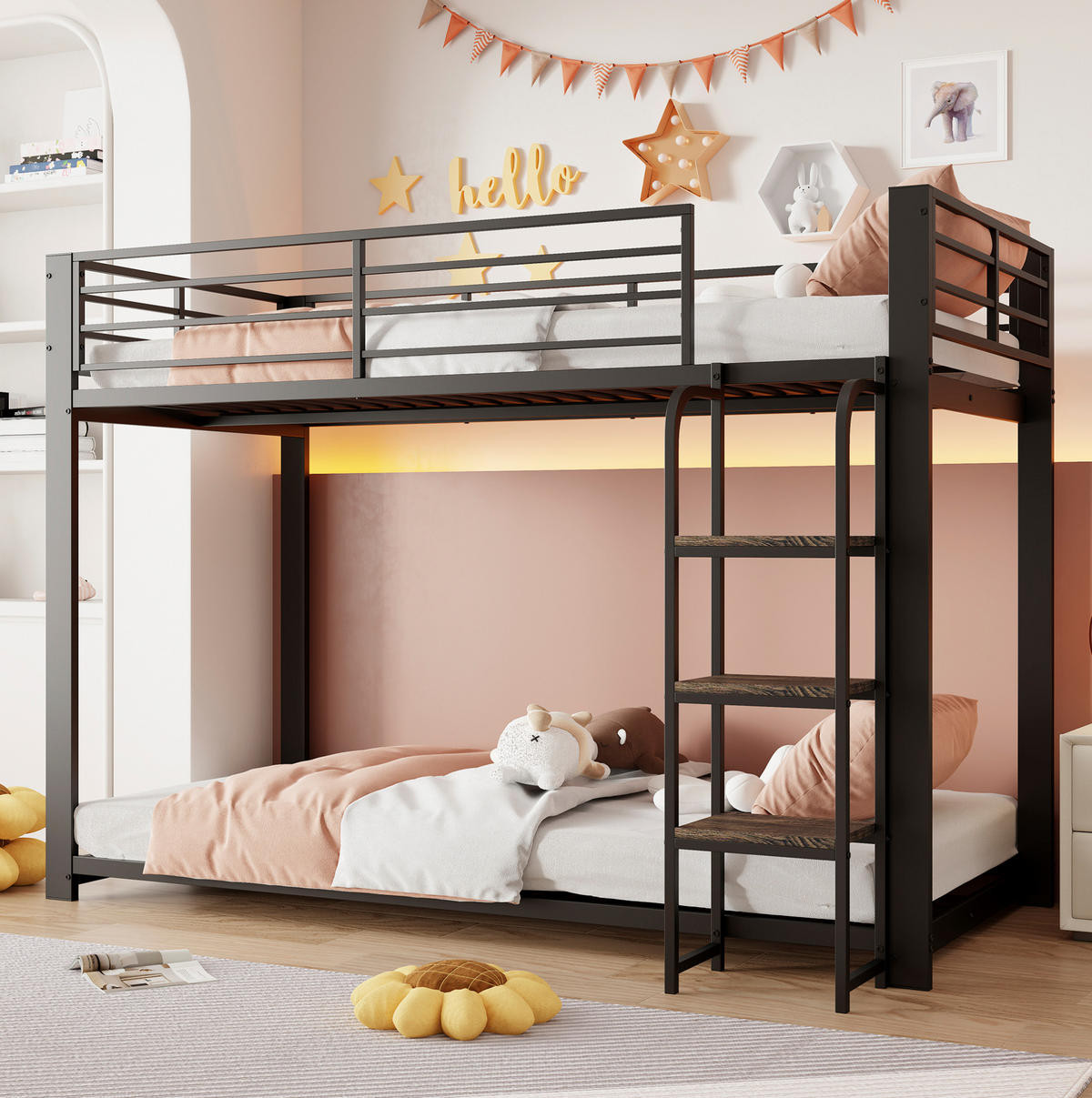 ETAGENBETT 90/200 cm aus Metall in Schwarz mit breiten Holzstufen - Schwarz, Metall (90/200cm) - Modenvie