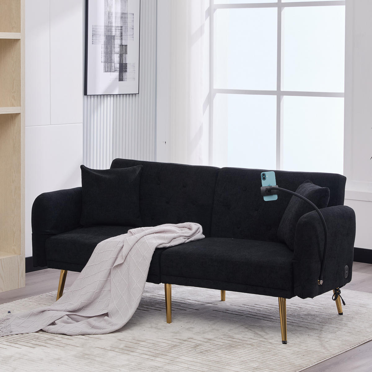SCHLAFSOFA 2-Sitzer Chenille mit 3-fach verstellbarer Rückenlehne und USB-Anschluss Schwarz 173/78/78 cm - Schwarz, Textil (78/78/173cm)
