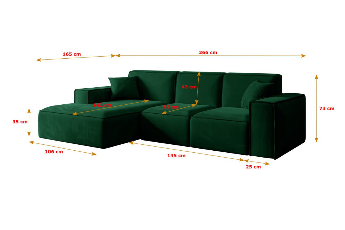 ECKSOFA Ottomane Links SERRA-L - 266x165x73 cm Grün Velours - Schwarz/Grün, Holzwerkstoff/Kunststoff (165/266cm) - ALTDECOR