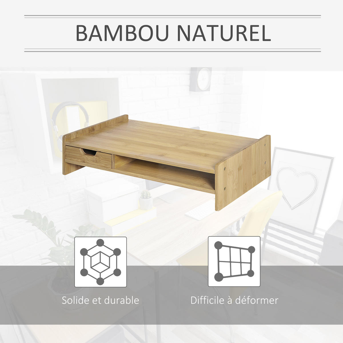 MONITORSTÄNDER DE-16695 mit Schublade, Bambus Natur - Naturfarben, Naturmaterialien (49/25.5/11.5cm) - ComfortXL