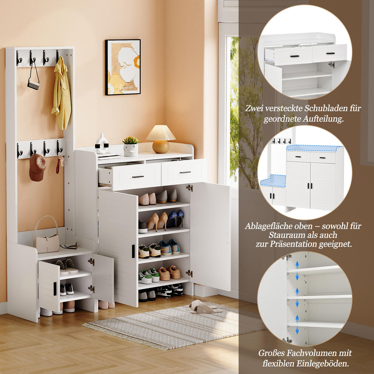 GARDEROBE-SET Schuhschrank 8 Haken 6 Ablagen Weiß - Weiß, Holzwerkstoff (125/165/32cm) - FLIEKS
