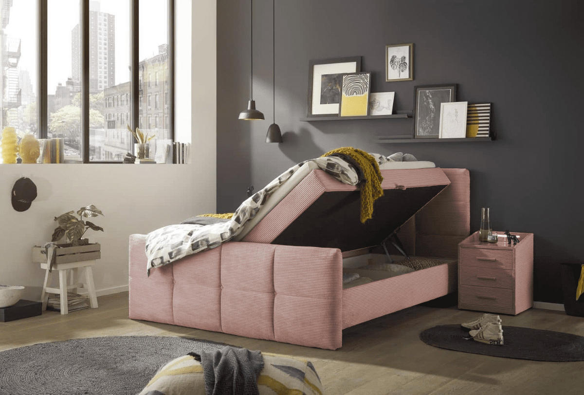 BOXBETT Breitcord, 7-Zonen-Tonnentaschen-Federkernmatratze, HR-30 Topper, Bettkasten - Beige/Schwarz, Holz/Kunststoff (180/200cm) - ed exciting design