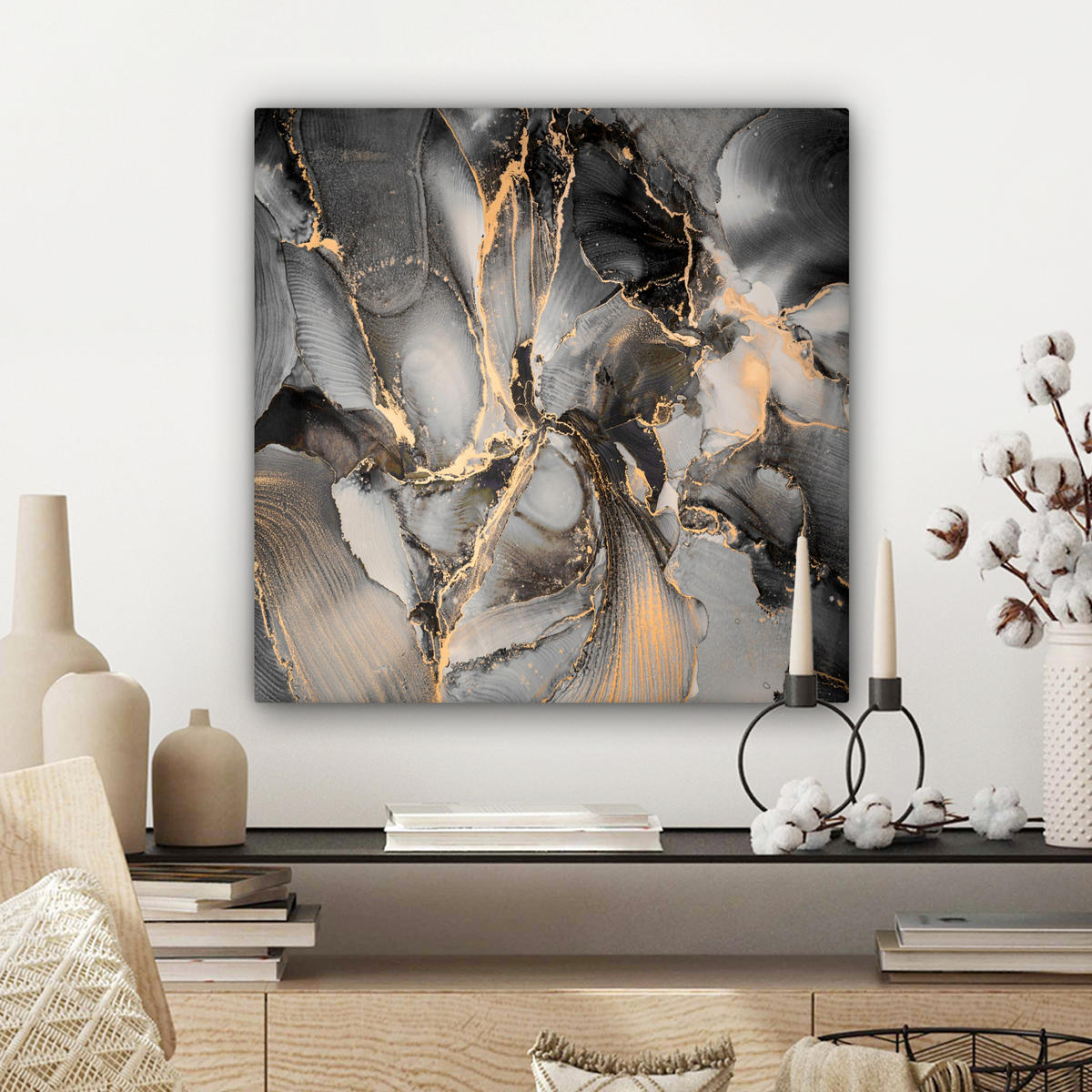 LEINWANDBILD Grau - Luxus - Gold - Marmor Wandbild Wohnzimmer 50x50 cm - Dunkelgrau, Textil (50/50cm) - MuchoWow