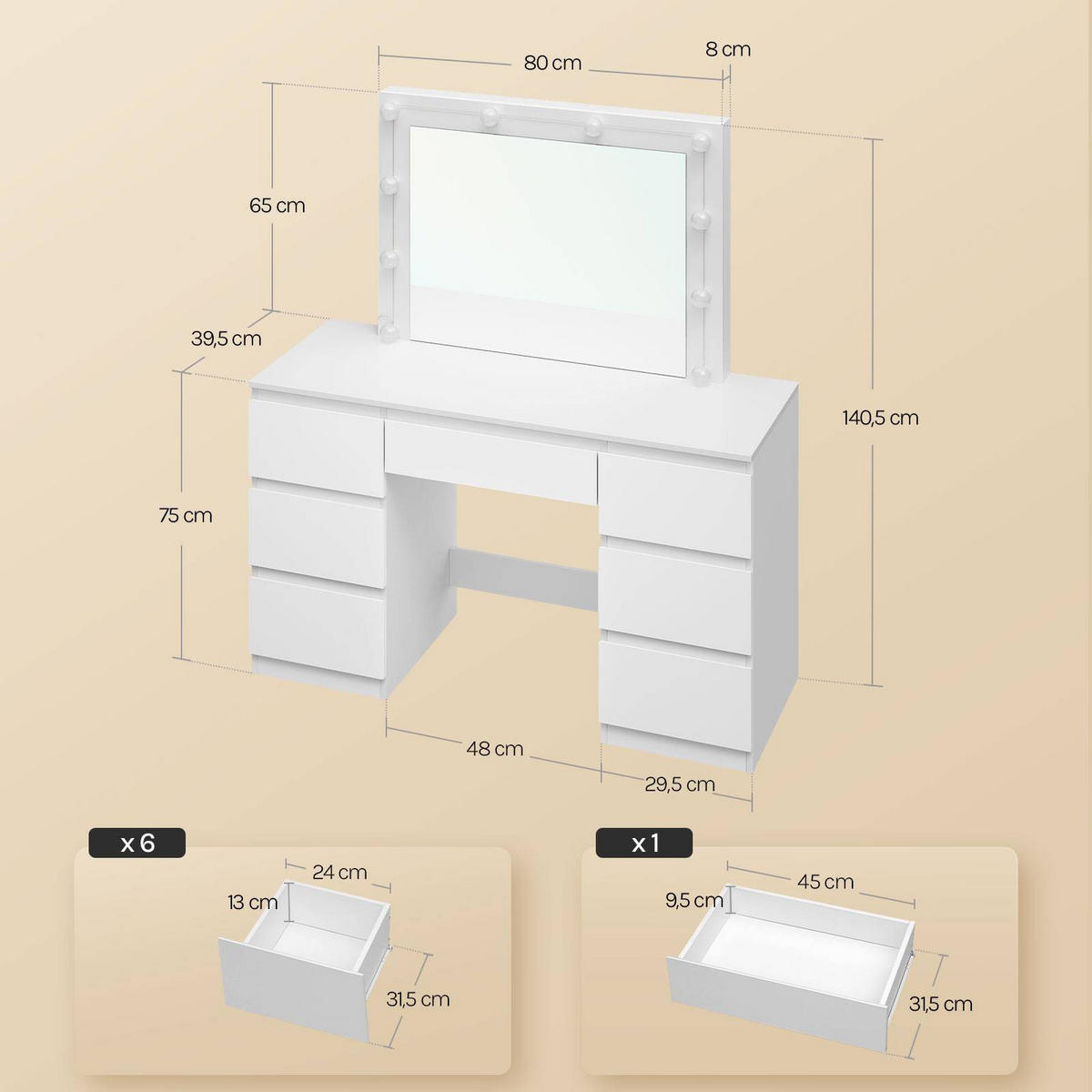 SCHMINKTISCH mit LED-Beleuchtung Weiß - Weiß, Glas/Holzwerkstoff (107/140.5/39.5cm) - Woltu