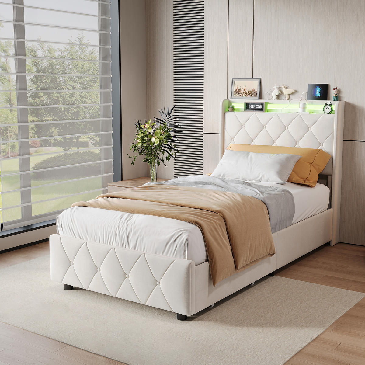 POLSTERBETT 90x200 cm LED USB 2 Schubladen Lattenrost beige - Beige, Holz (90/200cm) - LEBENLANG