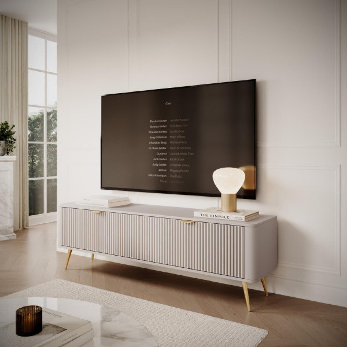 SCHRANK Beige Lena Gerillt Auf Goldenen Beinen - Beige, Holzwerkstoff (163/51/38cm) - Sepro Meble