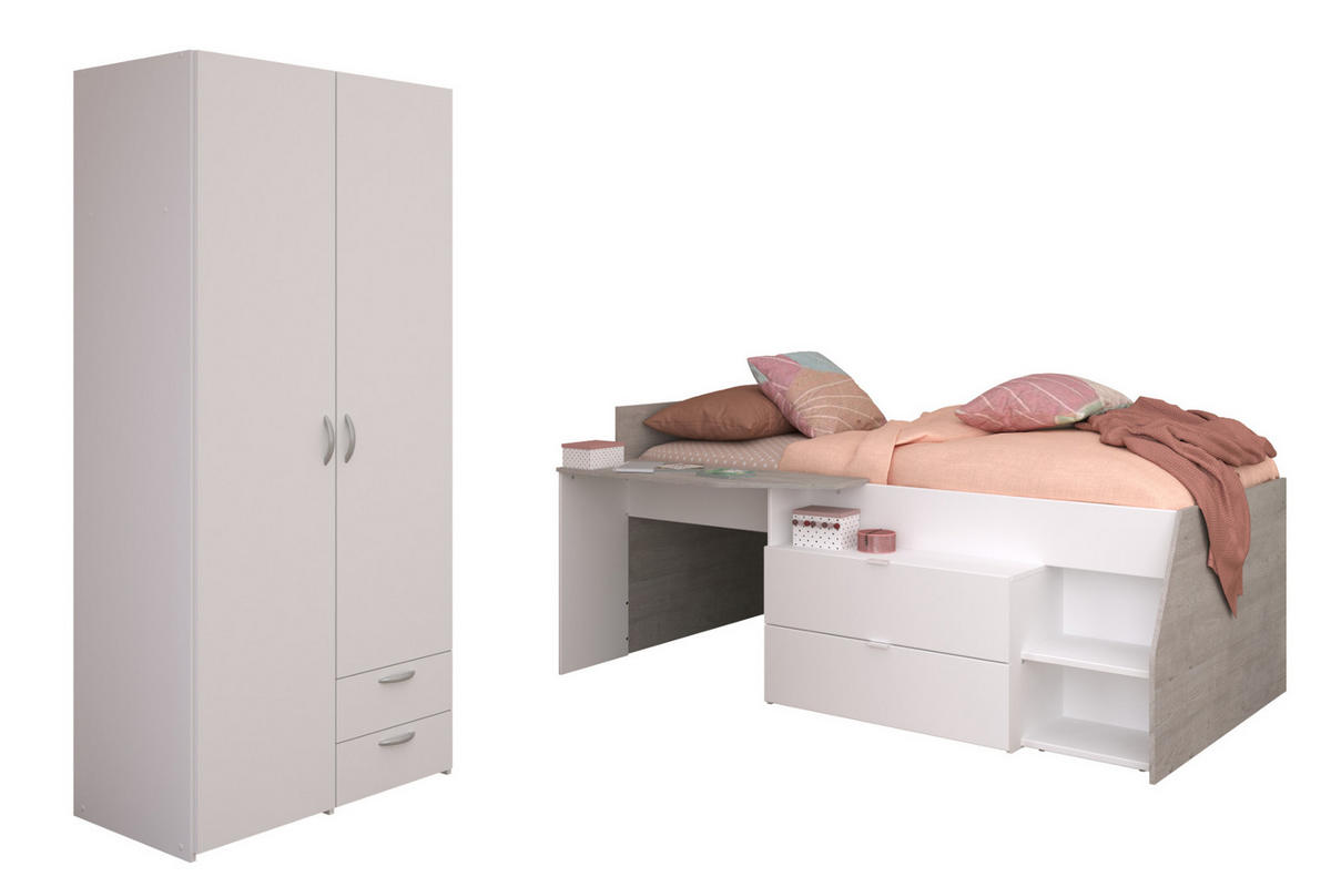 KINDERZIMMER weiß, grau, Komplett-Set 2-teilig mit Stauraumbett, Kleiderschrank - Silberfarben/Weiß, Holzwerkstoff/Kunststoff (135/185/203cm) - Parisot Meuble