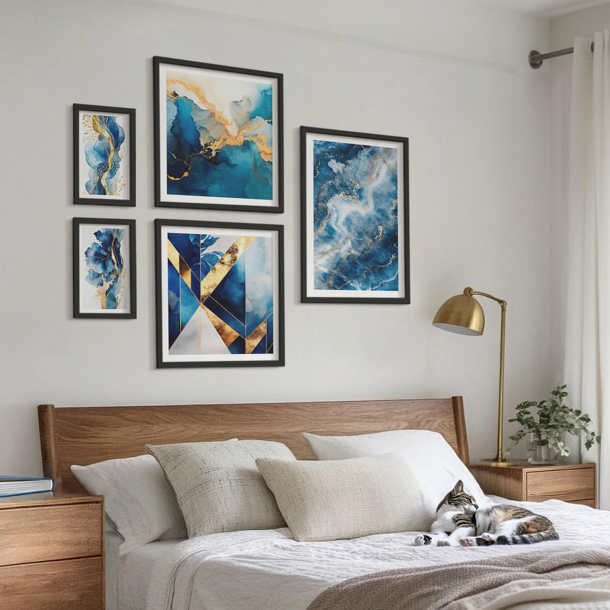 BILDER SET 5er Set - 50x50 cm & 20x30 cm & 40x60 cm Schwarzer Rahmen - Blaue abstrakte Muster - Schwarz, Kunststoff (40/60cm) - TULUP