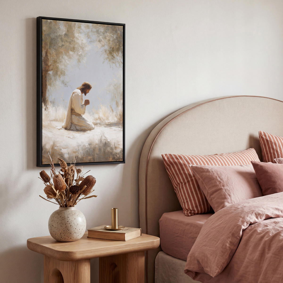 LEINWAND Bilder mit Rahmen - Jesus - Kniend - Waldlandschaft - Betend - 40x60 - Beige, Textil (40/60cm) - MuchoWow
