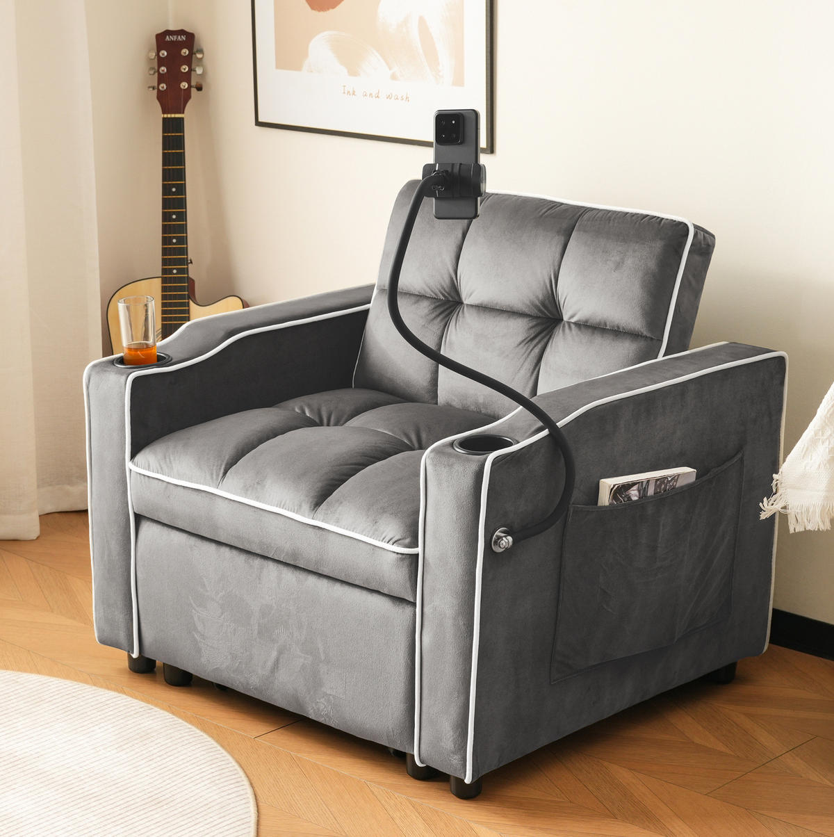 SCHLAFSESSEL Samt 3-in-1 ausziehbar mit Getränkehaltern Antik Dunkelgrau 83/167/76 cm - Dunkelgrau, Textil (83/76/167cm) - Redom