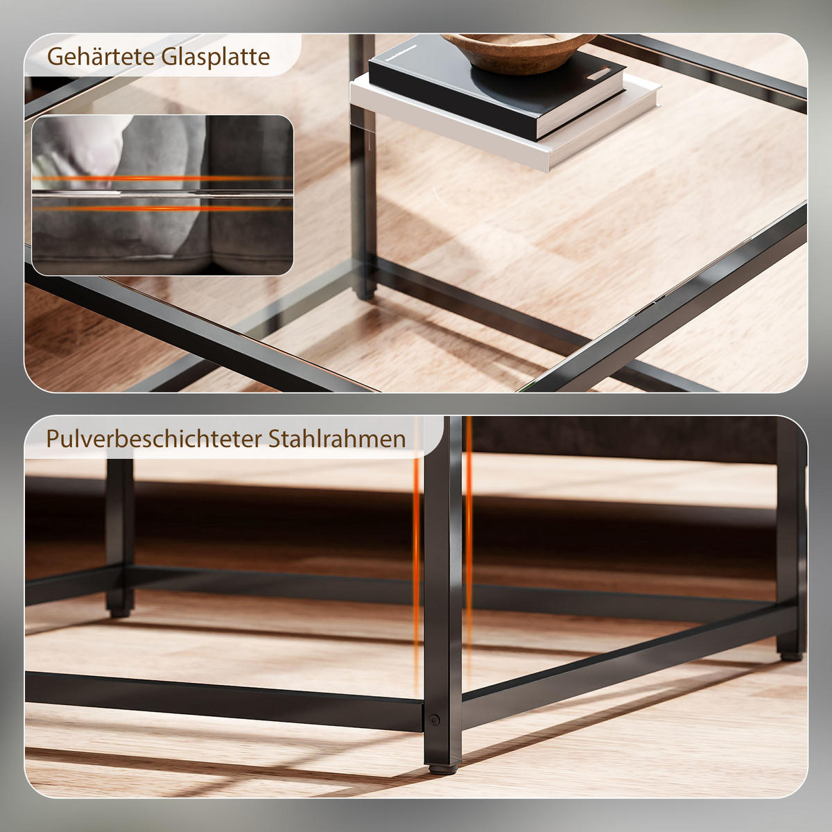 BEISTELLTISCH Quadratisch Nachttisch mit Hartglas-Tischplatte, Couchtisch - Schwarz, Metall (68/68/39cm) - HOMCOM