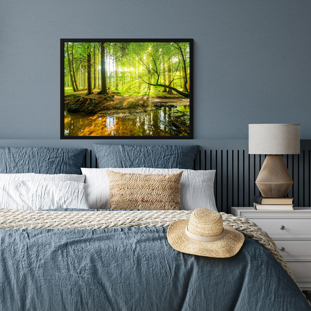 POSTER MIT RAHMENGERAHMTES BILD Wald - Landschaft - Wasser - Bäume - Sonne - Grün - Natur 80x60 cm - Grün, Papier (80/60cm) - MuchoWow