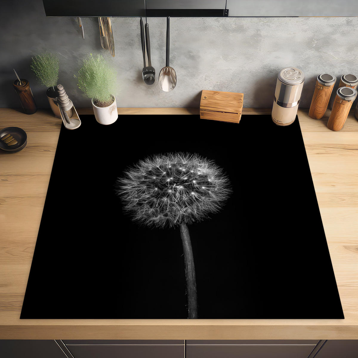 HERABDECKPLATTE - Löwenzahn - Schwarz - Floral - Botanisch - 58x59 - Grau, Kunststoff (58/59/0.2cm) - MuchoWow