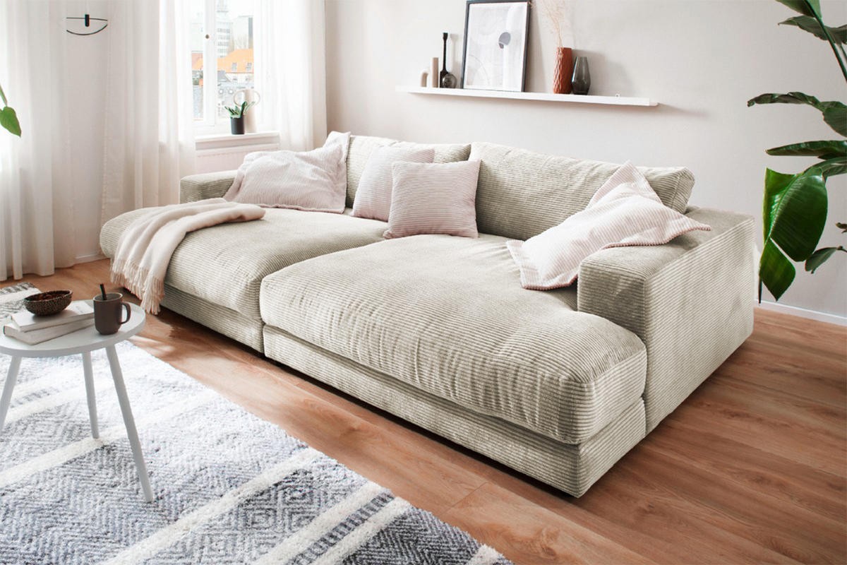 BIG SOFA XL MIT TABLETT NATUR MADELINE Cremeweiß Cord - Creme/Schwarz, Kunststoff/Textil (290/85/190cm) - KAWOLA