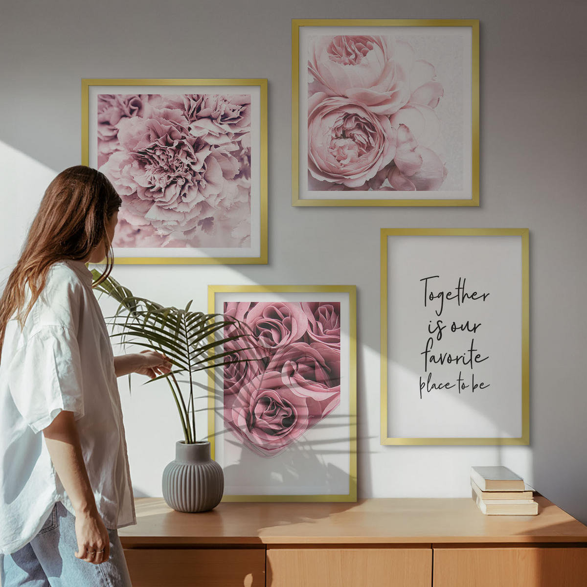 BILDER SET 4er Set - 50x50 cm & 40x60 cm Goldrahmen - Blumensträuße mit Rosen, Hausinschrift - Goldfarben, Kunststoff (50/50cm) - TULUP