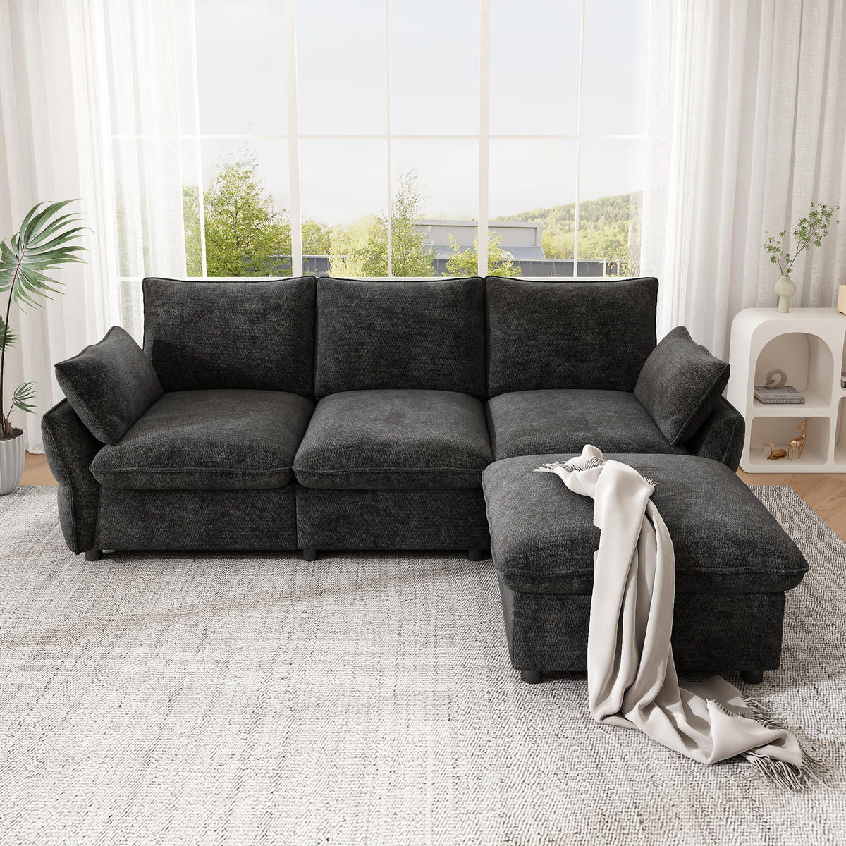 ECKSOFA 222.5/154.5/76.5 cm Dunkelgrau Chenille mit 1 Fußhocker - Dunkelgrau, Textil (222.5/154.5cm) - Oxeza