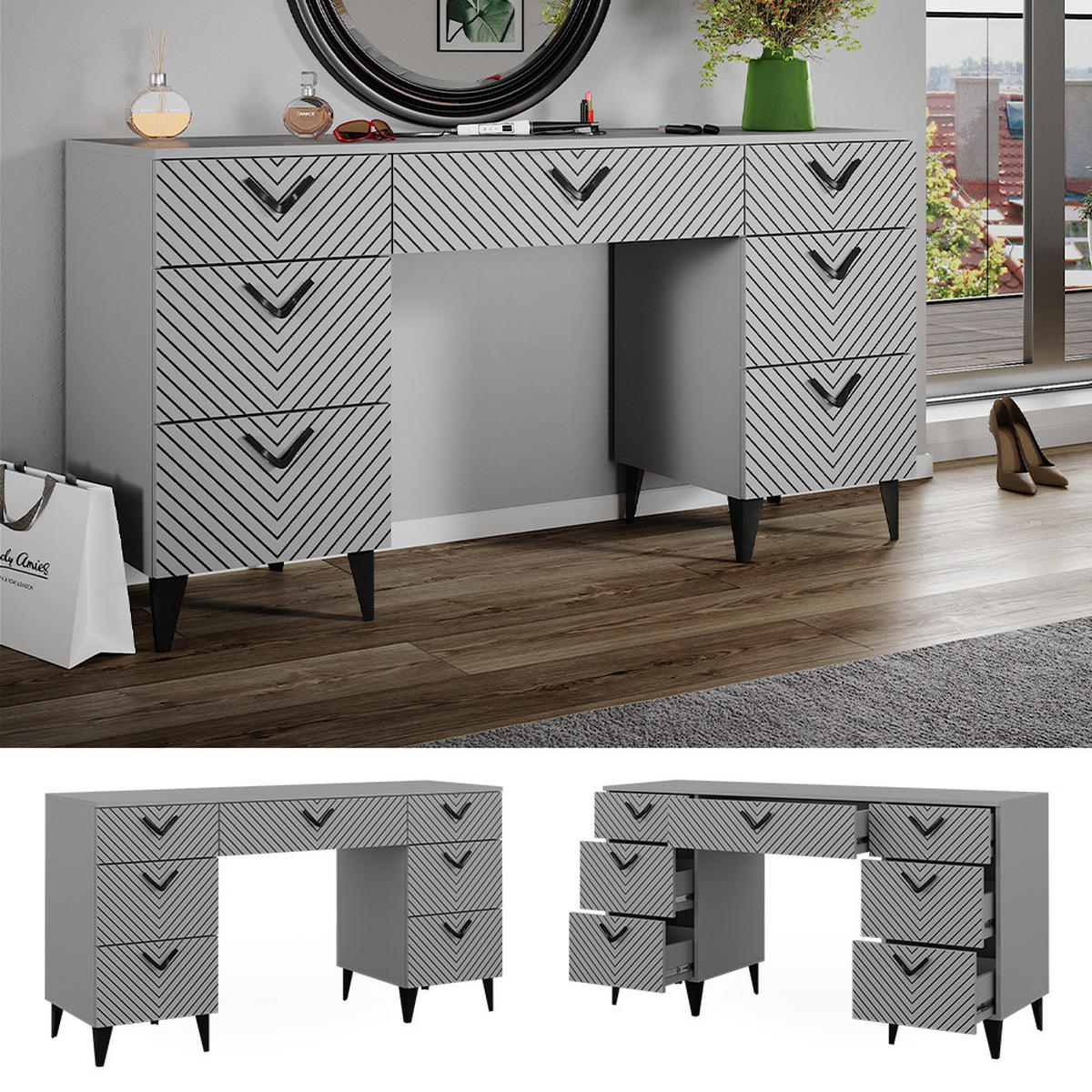 SCHMINKTISCH Anett Grau 150 cm ohne Spiegel, mit 7 Schubladen - Grau, Holzwerkstoff (45/150/78.1cm) - Vicco