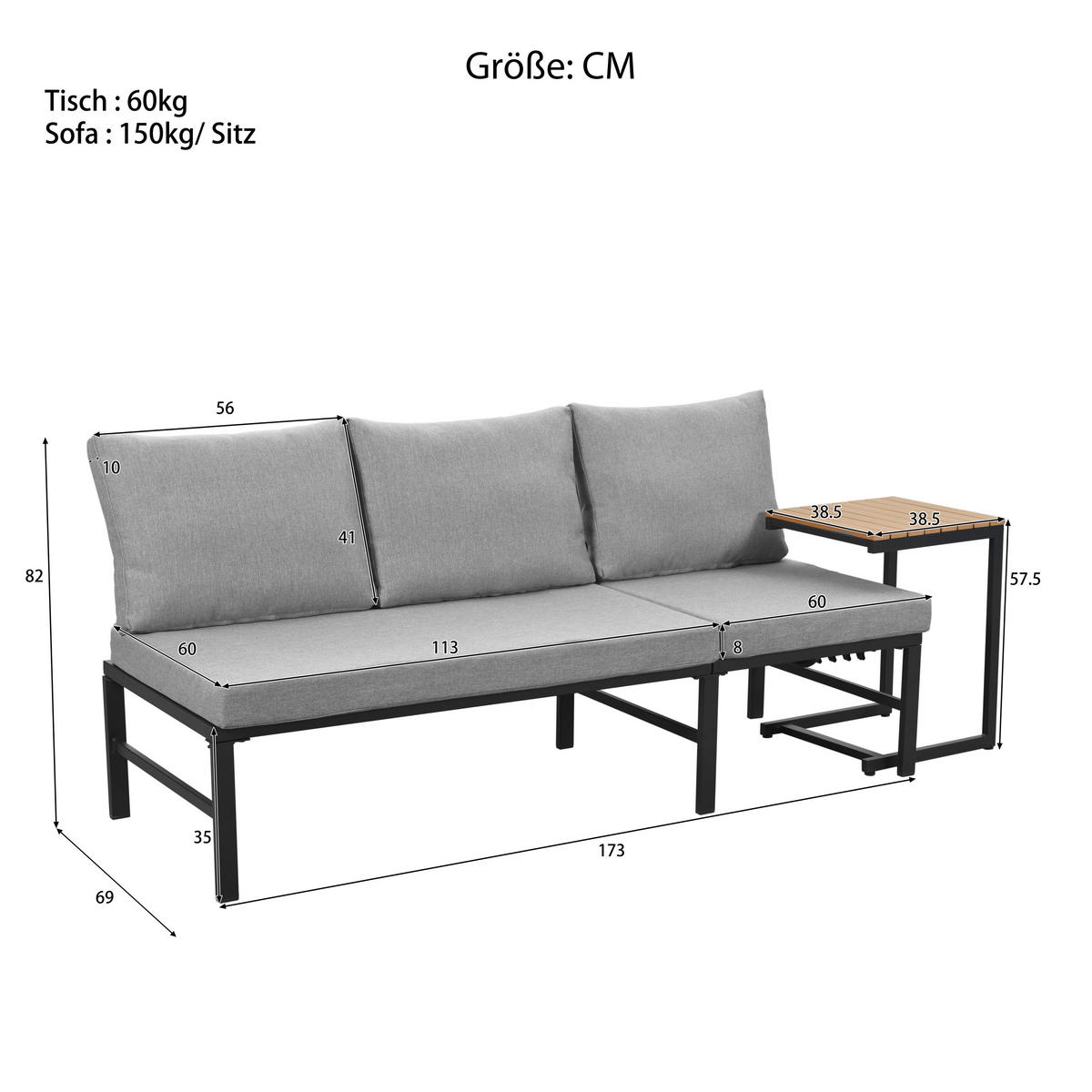 GARTENMÖBEL-SET 3-Sitzer Sofa Verstellbar Tisch Stahl Grau - Grau, Textil - FLIEKS