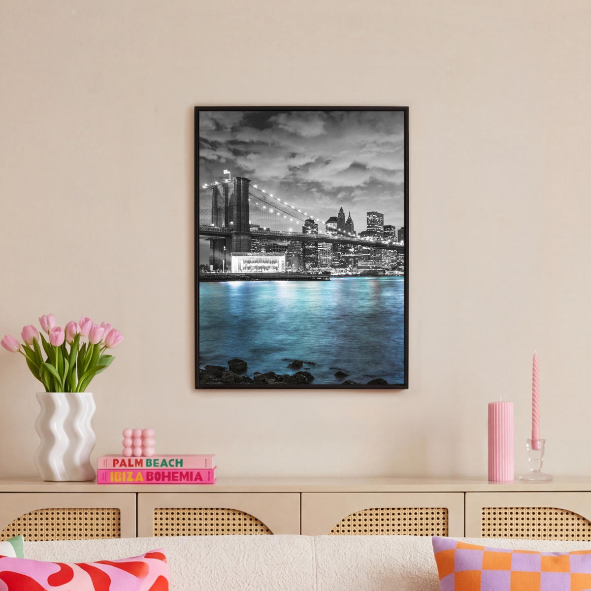 LEINWAND Bilder mit Rahmen - New York - Skyline - Stadt - Blau - 50x70 - Blaugrau, Textil (50/70cm) - MuchoWow