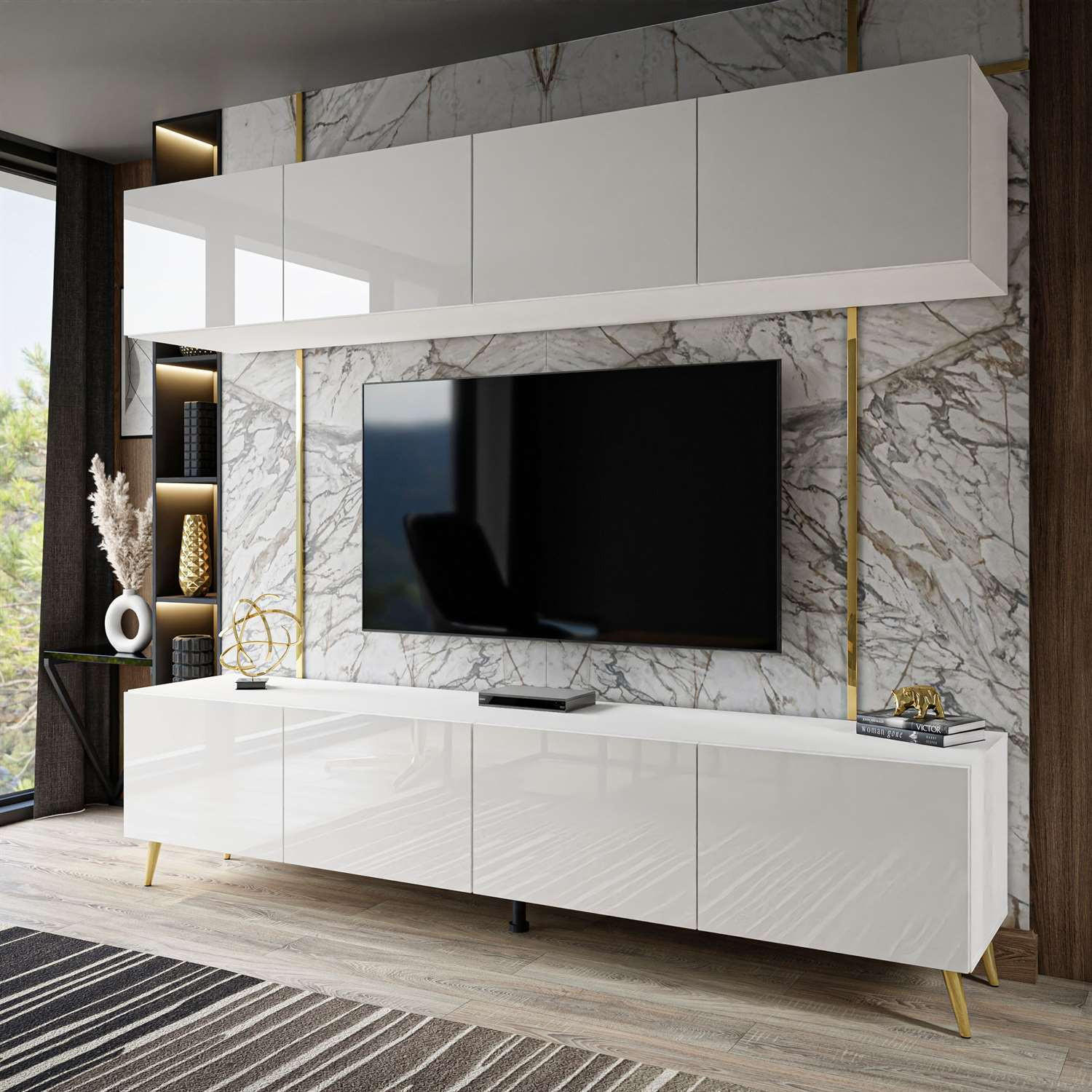 WOHNWÄNDE AURA PUSH-OPEN Weiß Hochglanz mit LED-Beleuchtung – Füße in Gold - Weiß Hochglanz/Goldfarben, Holzwerkstoff (200/49/40cm) - Lookway