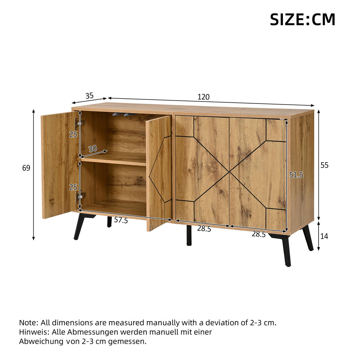 SIDEBOARD DE-37856 mit 4 Türen und Wellenmuster Holzfarbe - Naturfarben, Holzwerkstoff (120/69/35cm) - ComfortXL