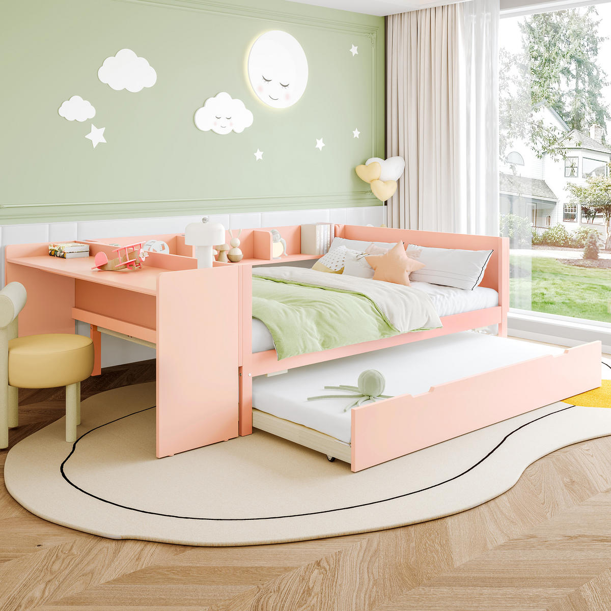 FLACHBETT 140x200cm Rosa Holz Schreibtisch Rollbett Regale - Pink, Holz (140/200cm) - FLIEKS