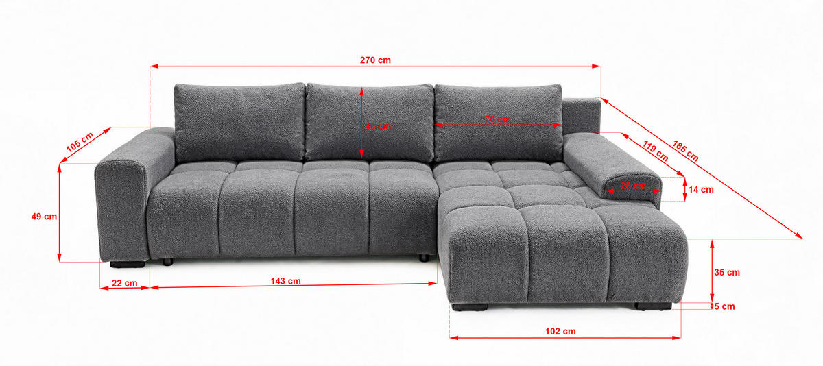 ECKSOFA Ovia mit Bettkasten und Schlaffunktion, Bouclé-Stoff in L-Form - Dunkelgrau, Textil (270/185cm)