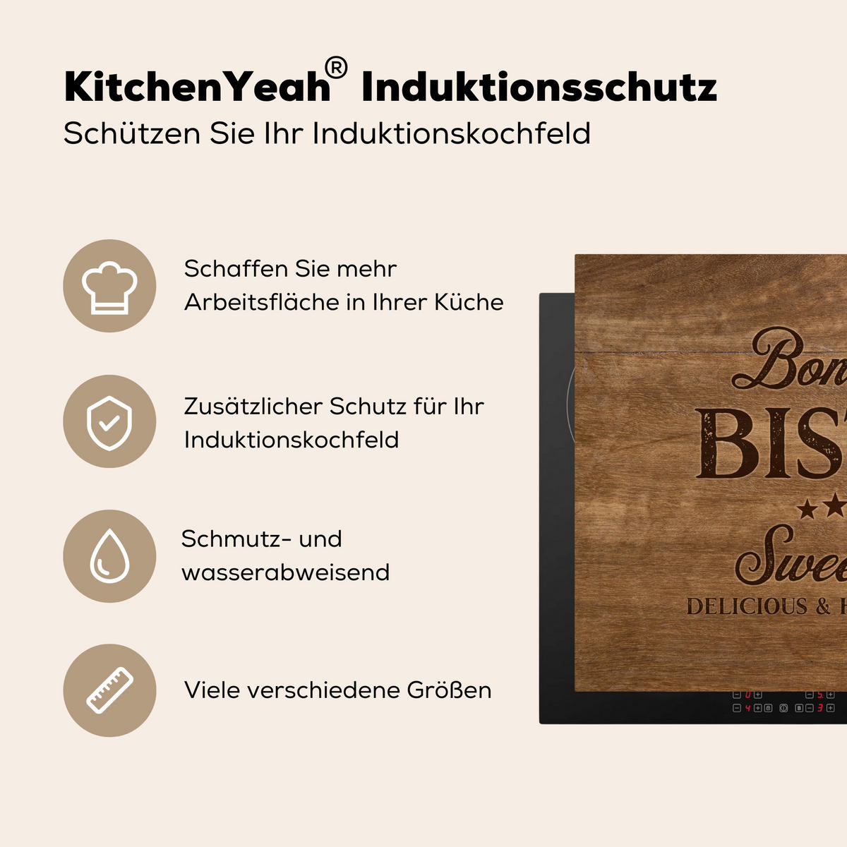 HERDABDECKPLATTE Zitat - Bistro - Guten Appetit - Süßes Zuhause - Holzmaserung Herdabdeckung Induktionsfeld 75x52 cm - Braun, Kunststoff (75/52/0.2cm) - MuchoWow