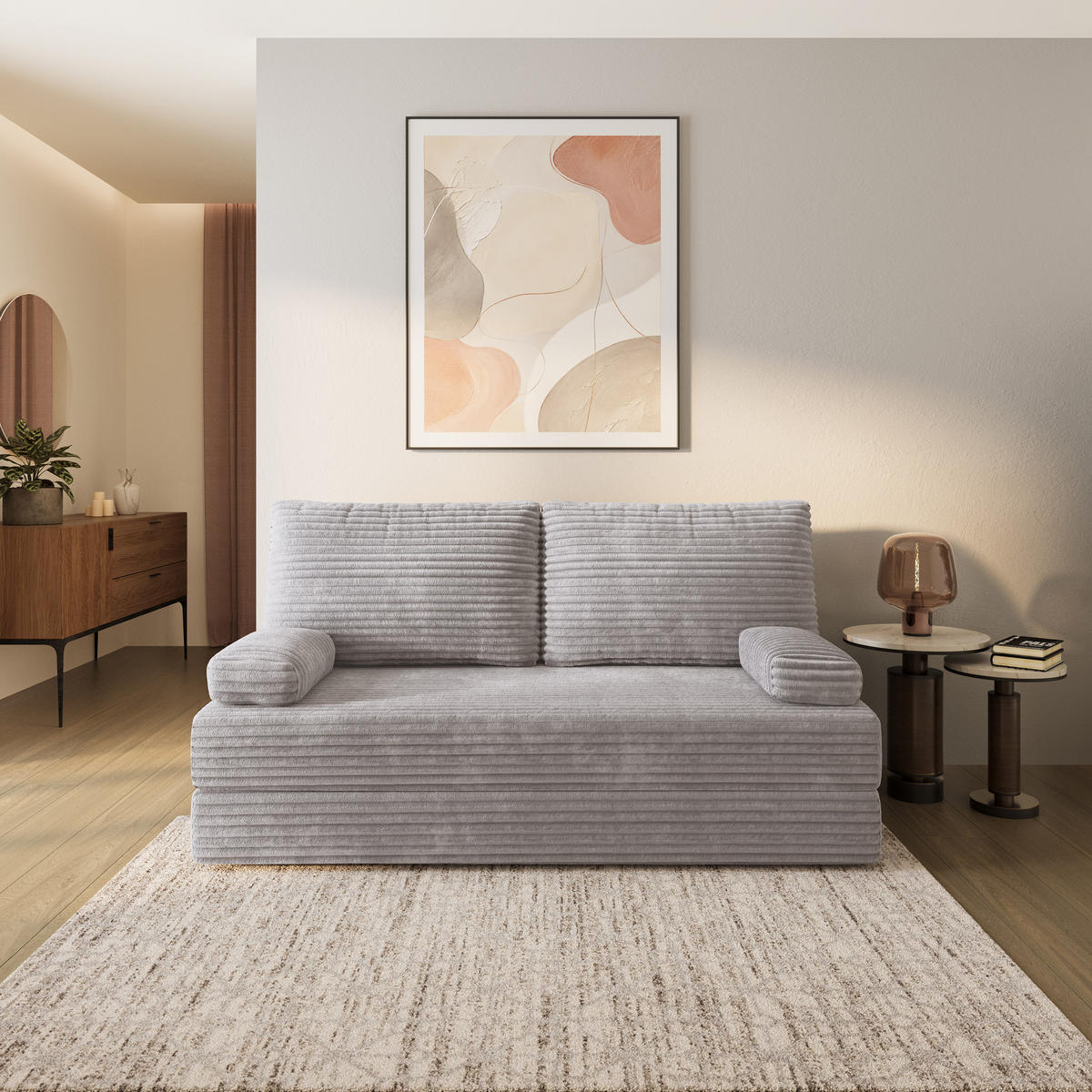 BETTSOFA SILAR aus Schaumstoff Cordstoff Hellgrau Schlaffunktion - Grau, Textil (170/86/80cm) - MASSENO