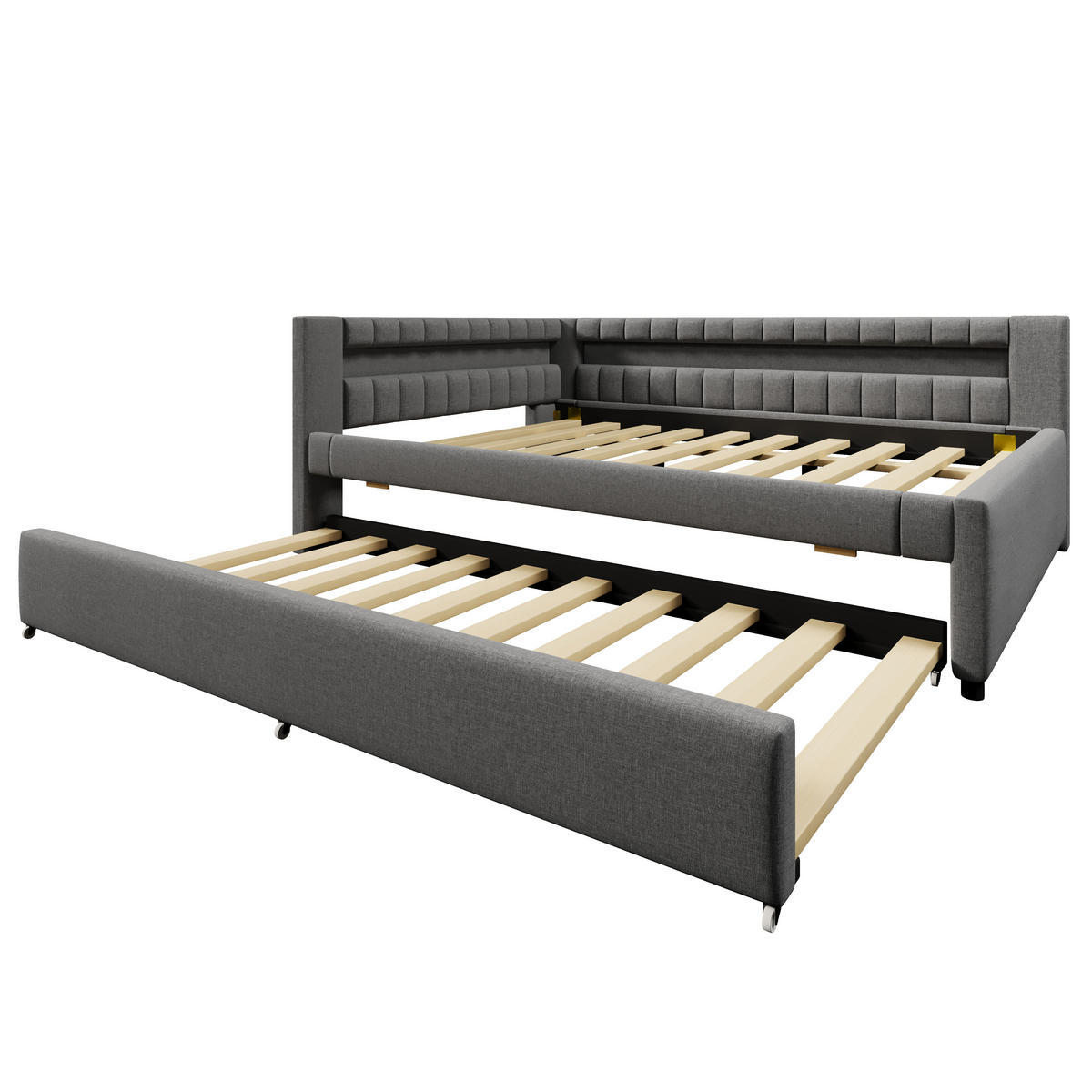 POLSTERBETT 140/200 cm Grau mit Ausziehbett LED-Beleuchtung und USB- und Type-C-Anschlüssen - Grau, Textil (140/200cm) - OKWISH