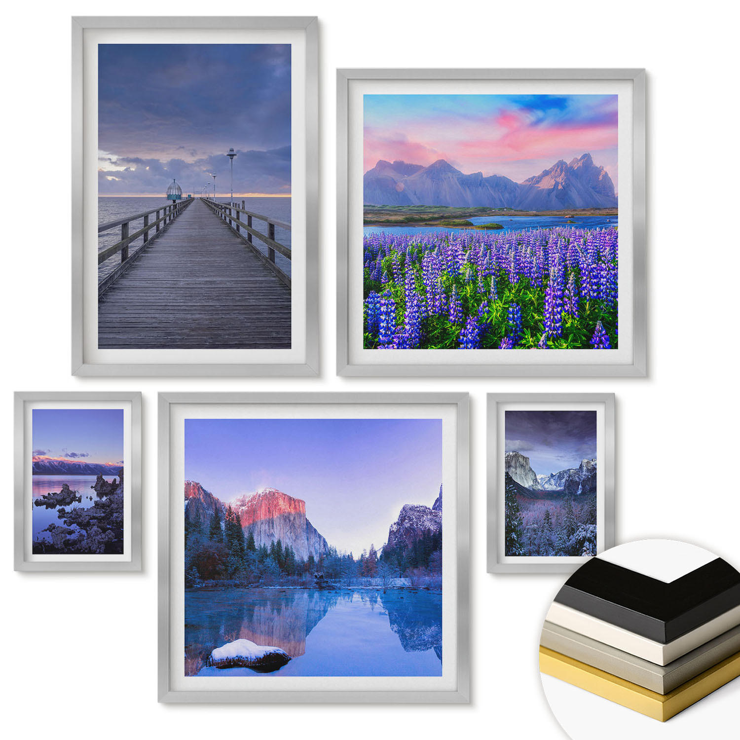 WANDBILDER 5er Set - 50x50 cm & 20x30 cm & 40x60 cm Silberner Rahmen - Berglandschaften, Wasser, Blumenfeld - Silberfarben, Kunststoff (40/60cm) - ArtPrintCave