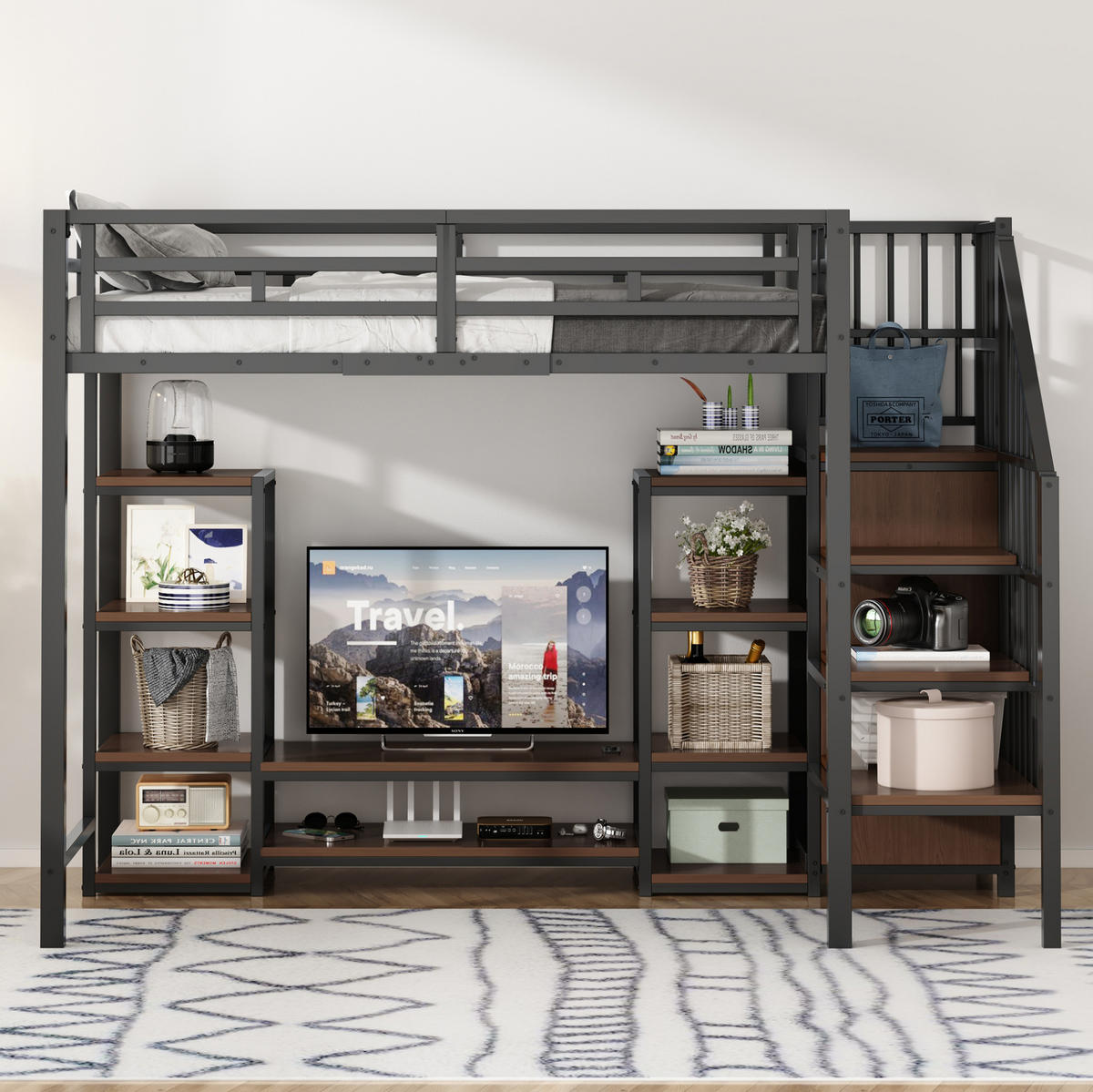 HOCHBETT 90/200 cm aus Metall und MDF mit TV-Ständer und Steckdose Schwarz - Schwarz, Metall (90/200cm) - Modenvie