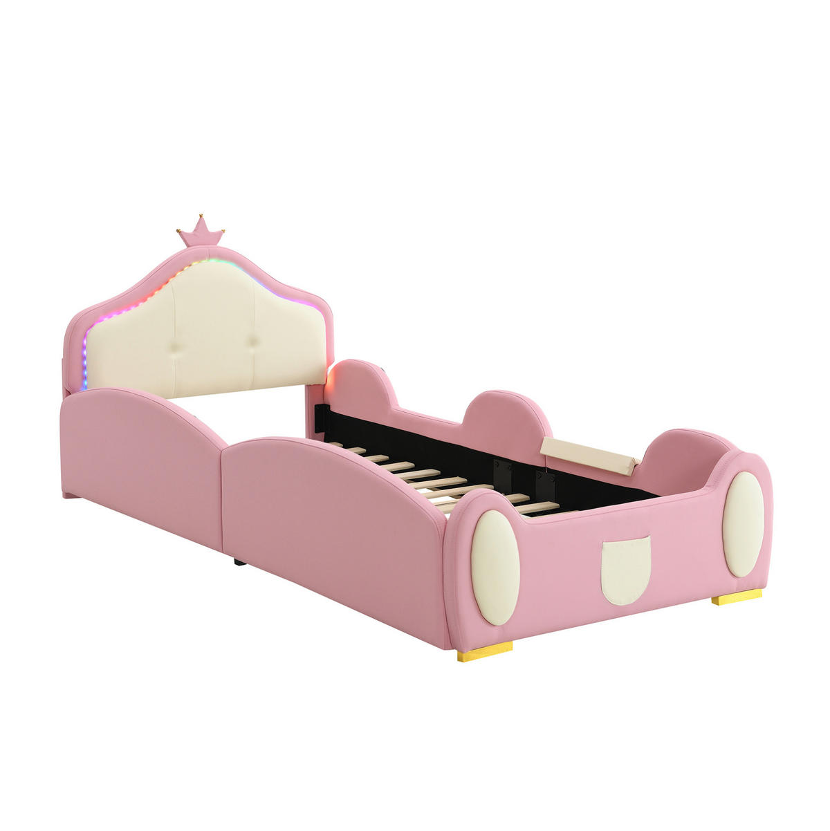 KINDERBETT 90/200 cm mit LED-Streifen, Rutsche, Treppe und weichen Schutzkanten aus PU, Rosa/Beige - Rosa, Kunststoff (90/200cm) - Redom