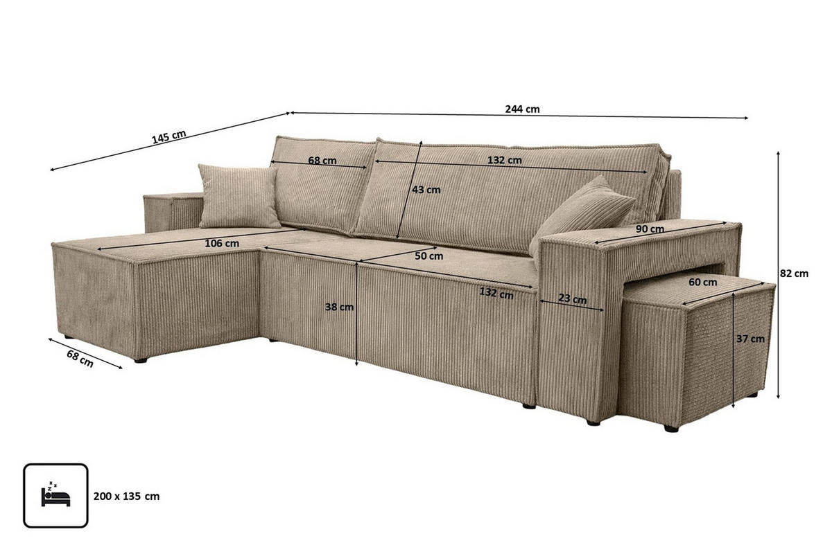 ECKSOFA Mit Schlaffunktion Und Pouf, Cordstoff Poso, Dunkelbeige, Links, Best L Mit Pouf - Beige, Holz (244/145cm) - Kaiser Möbel