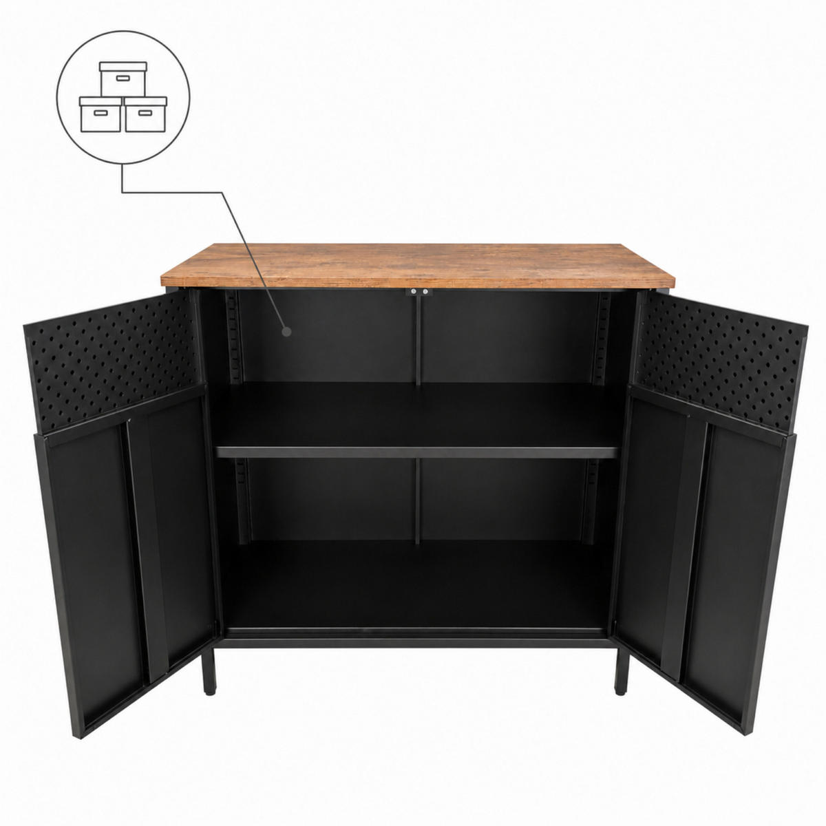 KOMMODE – Metall – Holzoptik – 2 Türen – höhenverstellbarer Einlegeboden – 80x40x84 cm - Dunkelbraun/Schwarz, Holzwerkstoff/Metall (80/84/40cm) - Begryf