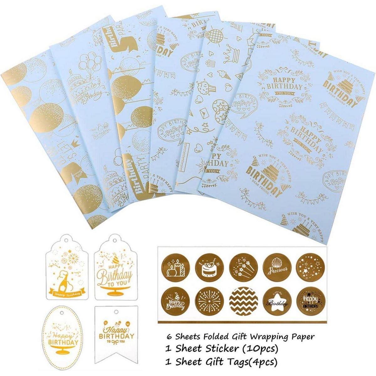 GESCHENKPAPIER Set 6 Blatt Goldmuster 70 x 50 cm - Blau, Papier (50/0.1/70cm)