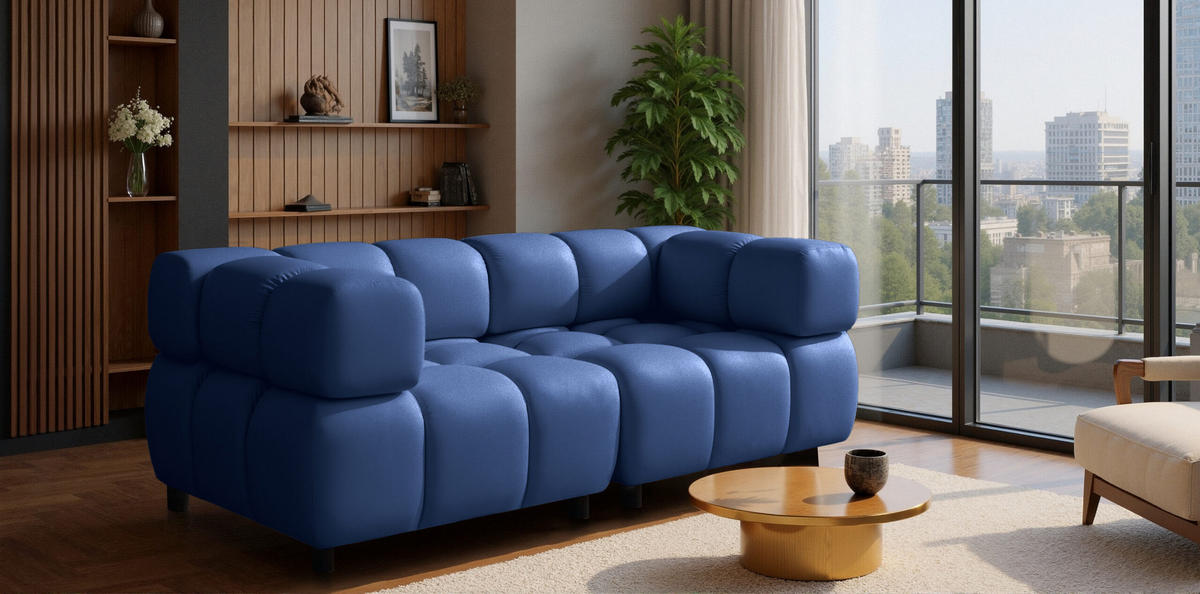 SOFA 3-Sitzer Modular, Couch, Veloursstoff Bluvel, Tintenblau, Bolla - Blau, Holz (192/71/96cm) - Kaiser Möbel