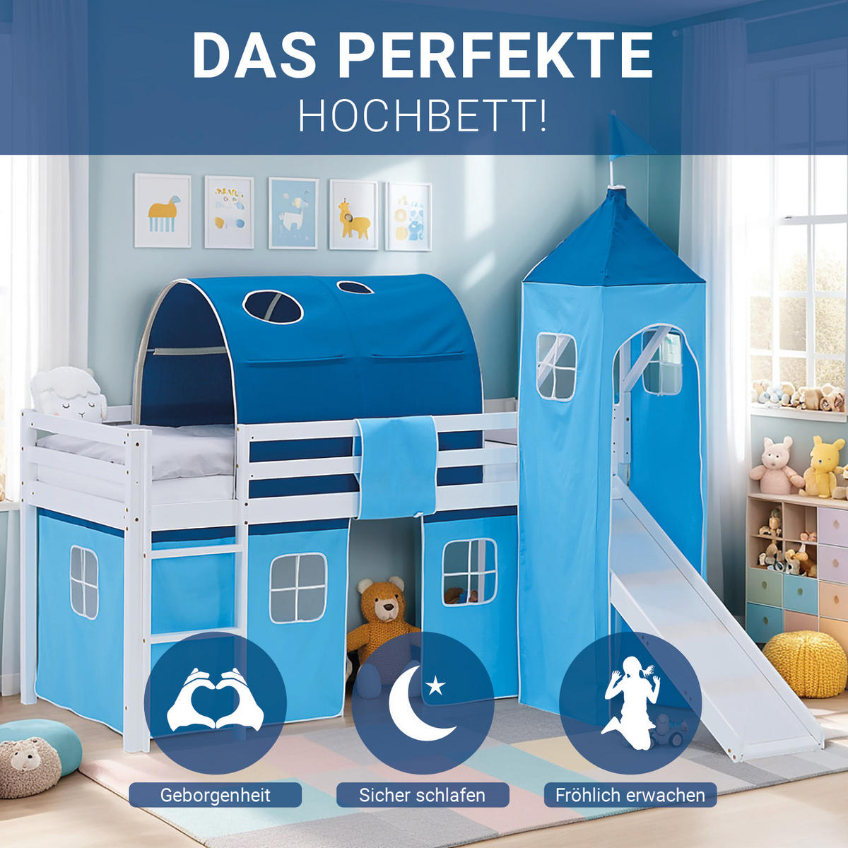 HOCHBETT 90/200 cm in weiß Rutsche Blau - Blau/Weiß, Holz/Textil (90/200cm) - Homestyle4u