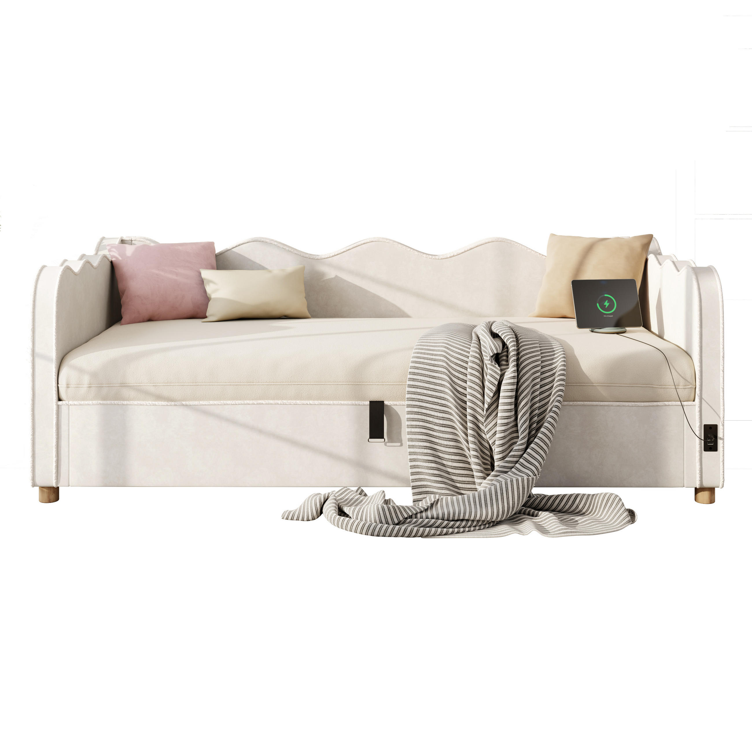 SCHLAFSOFA 90×200 Cm, USB-Anschlüssen & Type-C, Polster-Tagesbett,Samt, Beige - Beige, Holz (216/74.5/102.5cm) - FLIEKS