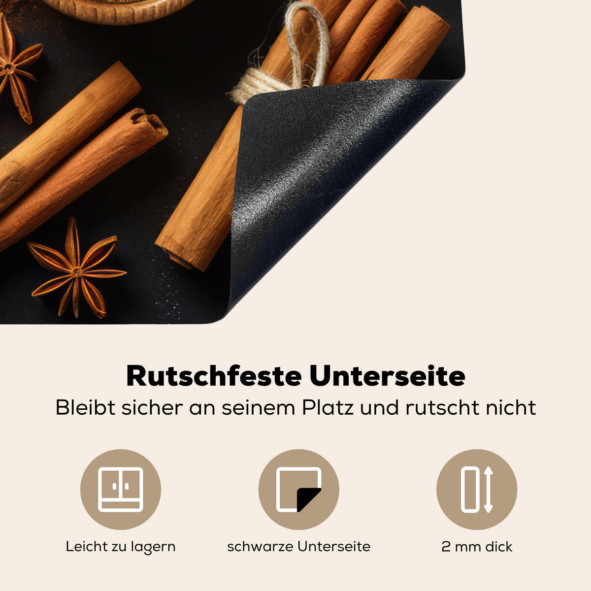 HERDABDECKPLATTE Zimt - Beton - Kaffee - Zimtstangen - Gewürze Induktionsmatte 77x59 cm - Mokka, Kunststoff (77/59/0.2cm) - MuchoWow