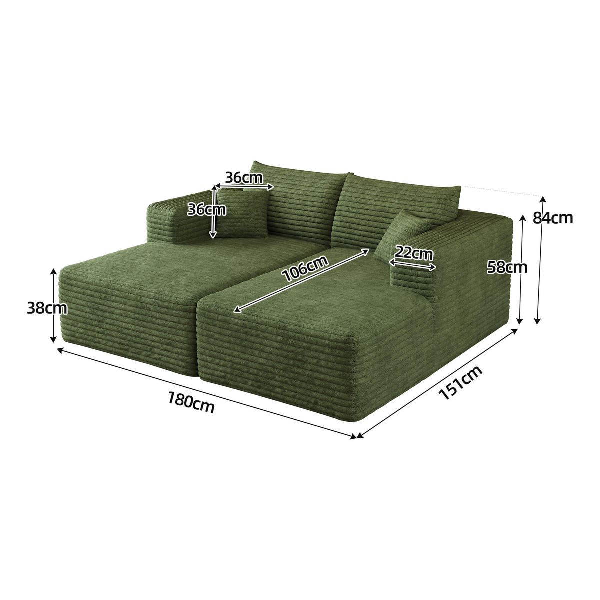 SCHLAFSOFA DE-34891 mit Chaiselongue Grün - Grün, Textil (151/180cm) - ComfortXL